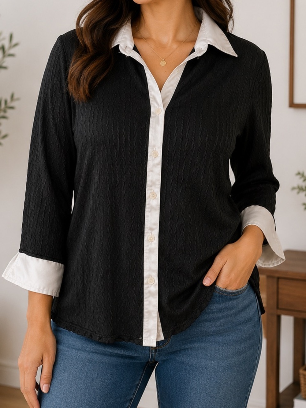George Black Blouse with White Contrast Collar and Cuffs LARGE